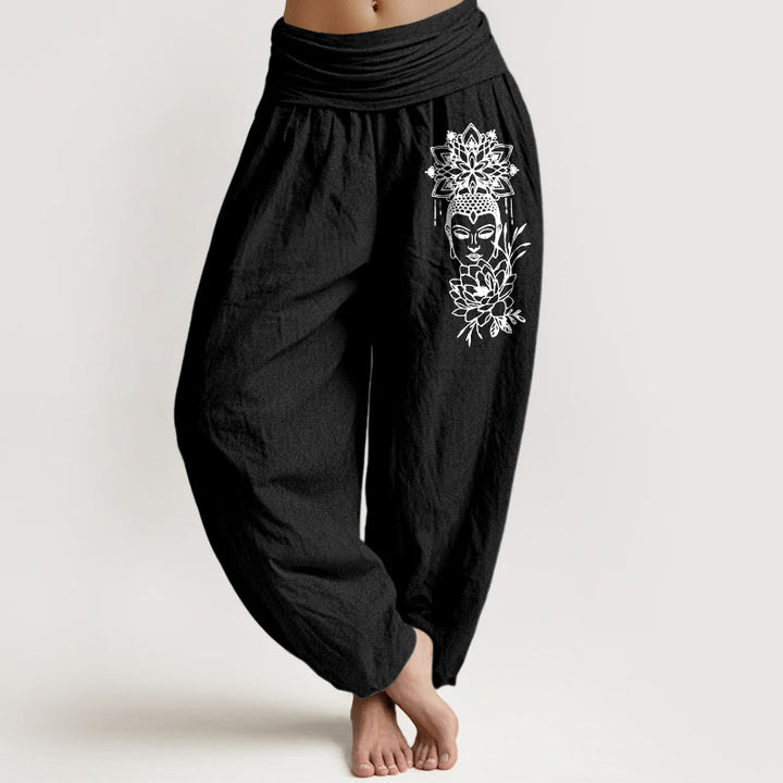 Buddha Stones Haremshose aus reiner Baumwolle mit schlichtem Buddha-Motiv und Lotusmuster, elastischem Bund für Damen - Schwarz - US16, UK/AU20, EU48 (3XL) - image 5