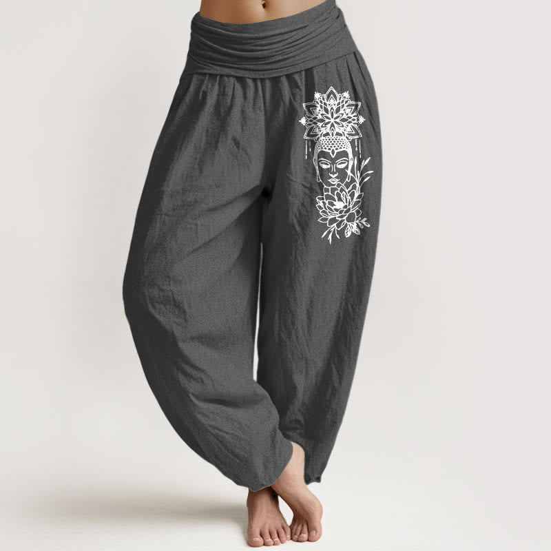 Buddha Stones Haremshose aus reiner Baumwolle mit schlichtem Buddha-Motiv und Lotusmuster, elastischem Bund für Damen - DimGray - US16, UK/AU20, EU48 (3XL) - image 8