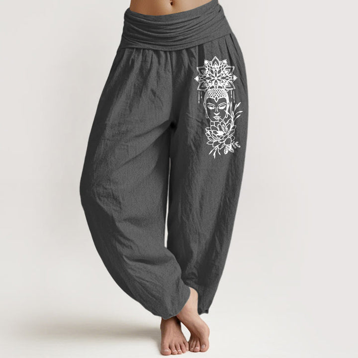 Buddha Stones Haremshose aus reiner Baumwolle mit schlichtem Buddha-Motiv und Lotusmuster, elastischem Bund für Damen - DimGray - US16, UK/AU20, EU48 (3XL) - image 8
