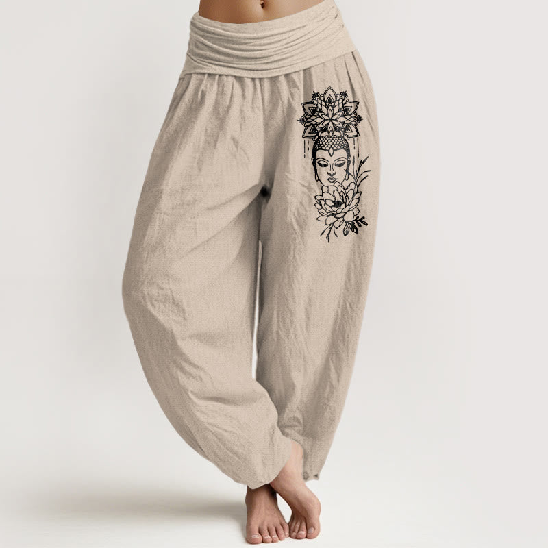 Buddha Stones Haremshose aus reiner Baumwolle mit schlichtem Buddha-Motiv und Lotusmuster, elastischem Bund für Damen - Bräunen - US16, UK/AU20, EU48 (3XL) - image 11
