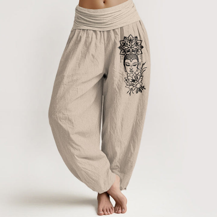 Buddha Stones Haremshose aus reiner Baumwolle mit schlichtem Buddha-Motiv und Lotusmuster, elastischem Bund für Damen - Bräunen - US16, UK/AU20, EU48 (3XL) - image 11