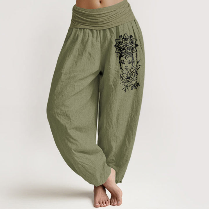 Buddha Stones Haremshose aus reiner Baumwolle mit schlichtem Buddha-Motiv und Lotusmuster, elastischem Bund für Damen - Olivgrün - US16, UK/AU20, EU48 (3XL) - image 14