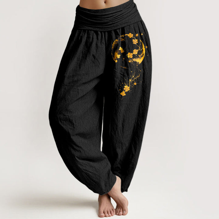 Buddha Stones Haremshose aus reiner Baumwolle mit farbenfrohem Mondblumen-Rankenmuster und elastischem Bund für Damen - Schwarz - US16, UK/AU20, EU48 (3XL) - image 0