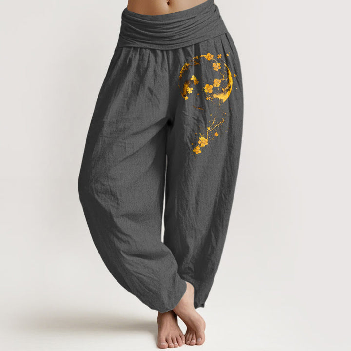 Buddha Stones Haremshose aus reiner Baumwolle mit farbenfrohem Mondblumen-Rankenmuster und elastischem Bund für Damen - DimGray - US16, UK/AU20, EU48 (3XL) - image 8