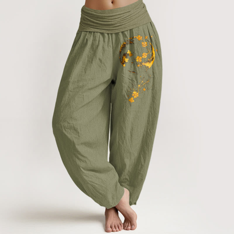 Buddha Stones Haremshose aus reiner Baumwolle mit farbenfrohem Mondblumen-Rankenmuster und elastischem Bund für Damen - Olivgrün - US16, UK/AU20, EU48 (3XL) - image 14