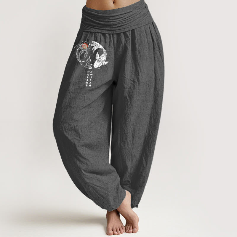 Damen-Haremshose aus reiner Baumwolle mit Koi-Fisch-Muster und elastischem Bund (Buddha Stones) - DimGray - US16, UK/AU20, EU48 (3XL) - image 0