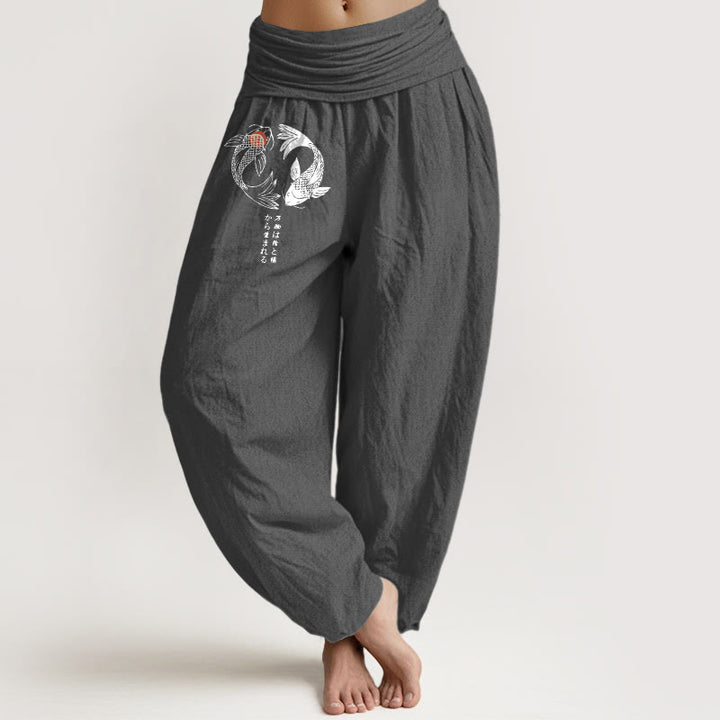 Damen-Haremshose aus reiner Baumwolle mit Koi-Fisch-Muster und elastischem Bund (Buddha Stones) - DimGray - US16, UK/AU20, EU48 (3XL) - image 0