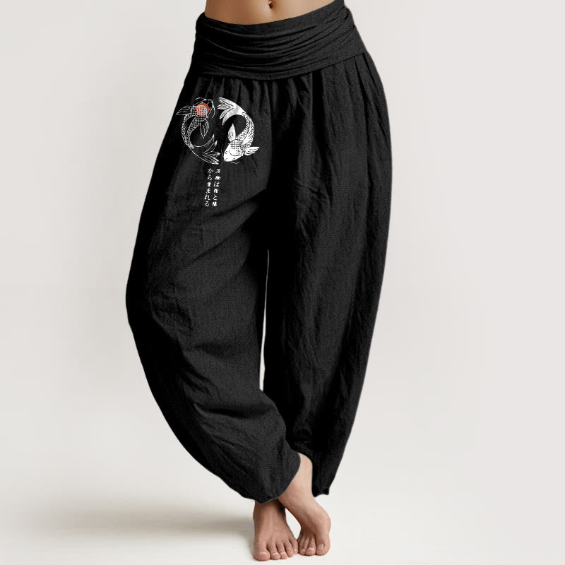 Damen-Haremshose aus reiner Baumwolle mit Koi-Fisch-Muster und elastischem Bund (Buddha Stones) - Schwarz - US16, UK/AU20, EU48 (3XL) - image 5