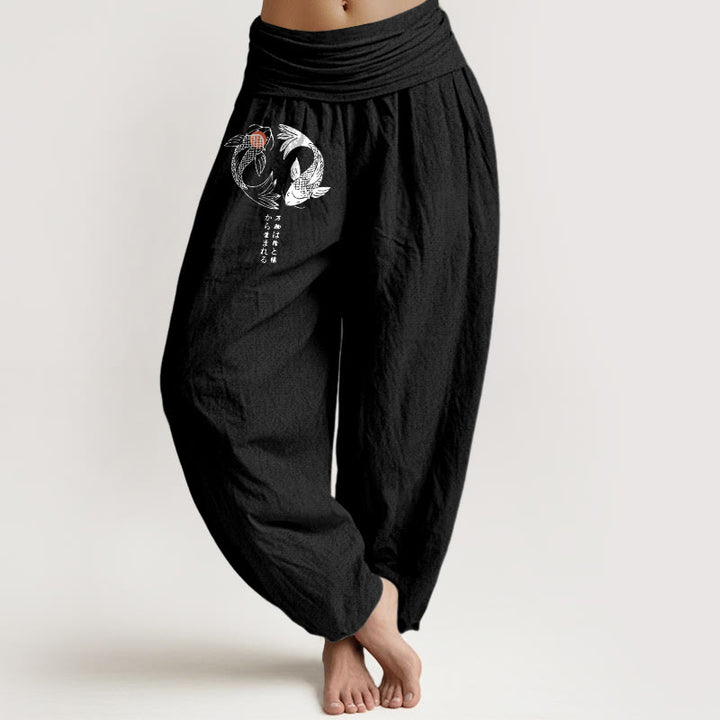 Damen-Haremshose aus reiner Baumwolle mit Koi-Fisch-Muster und elastischem Bund (Buddha Stones) - Schwarz - US16, UK/AU20, EU48 (3XL) - image 5
