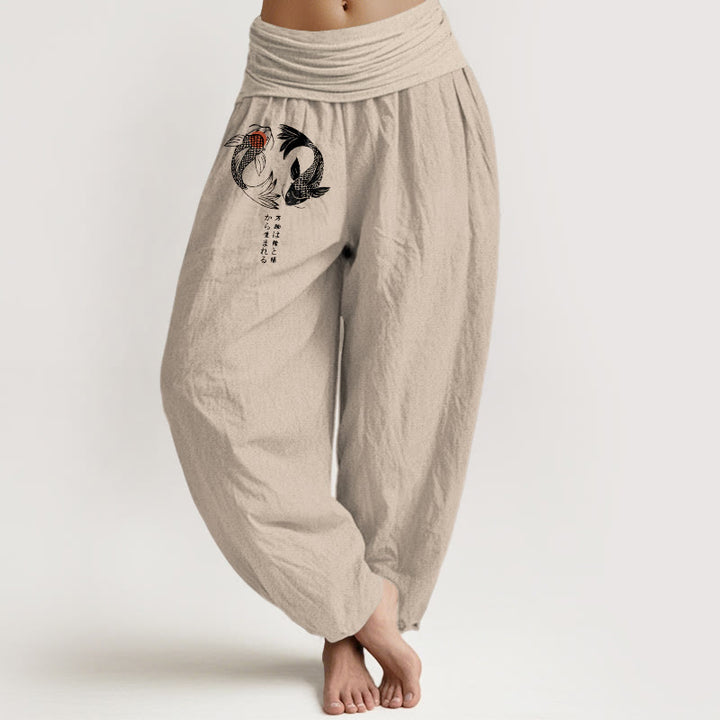 Damen-Haremshose aus reiner Baumwolle mit Koi-Fisch-Muster und elastischem Bund (Buddha Stones) - Bräunen - US16, UK/AU20, EU48 (3XL) - image 11