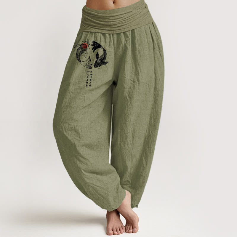Damen-Haremshose aus reiner Baumwolle mit Koi-Fisch-Muster und elastischem Bund (Buddha Stones) - Olivgrün - US16, UK/AU20, EU48 (3XL) - image 14