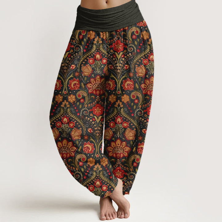 Baumwoll-Haremshose mit Buddha Stones -Motiv, buntem Blumen- und Blättermuster, elastischem Bund für Damen - Schwarz - US16, UK/AU20, EU48 (3XL) - image 0