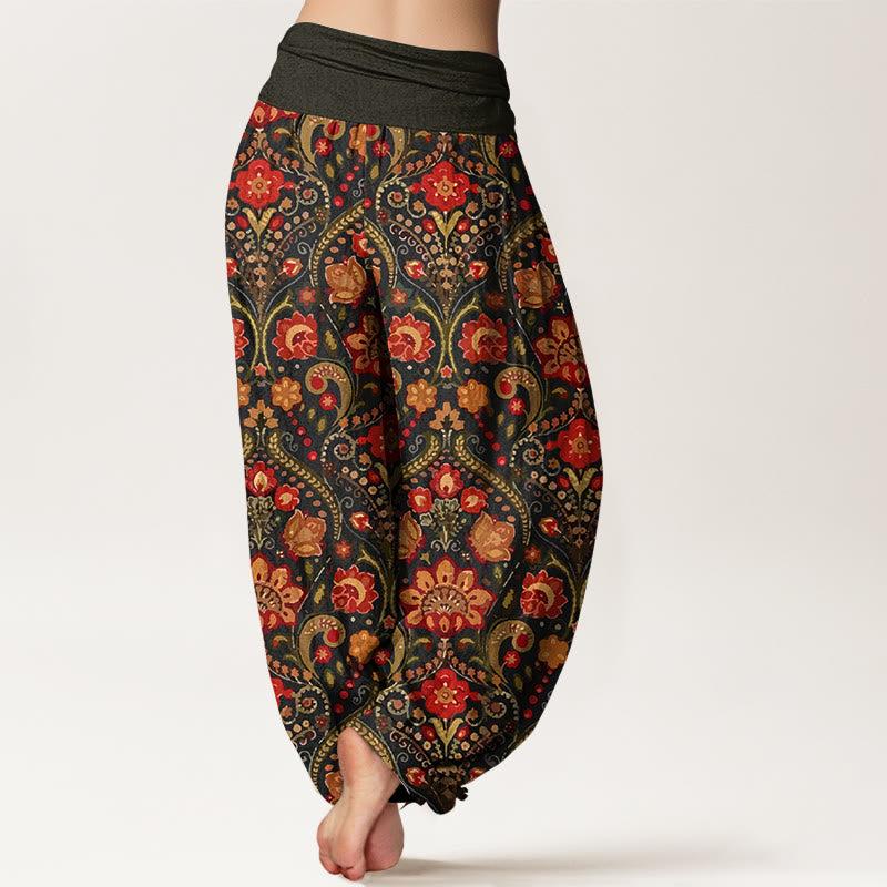 Baumwoll-Haremshose mit Buddha Stones -Motiv, buntem Blumen- und Blättermuster, elastischem Bund für Damen - image 1