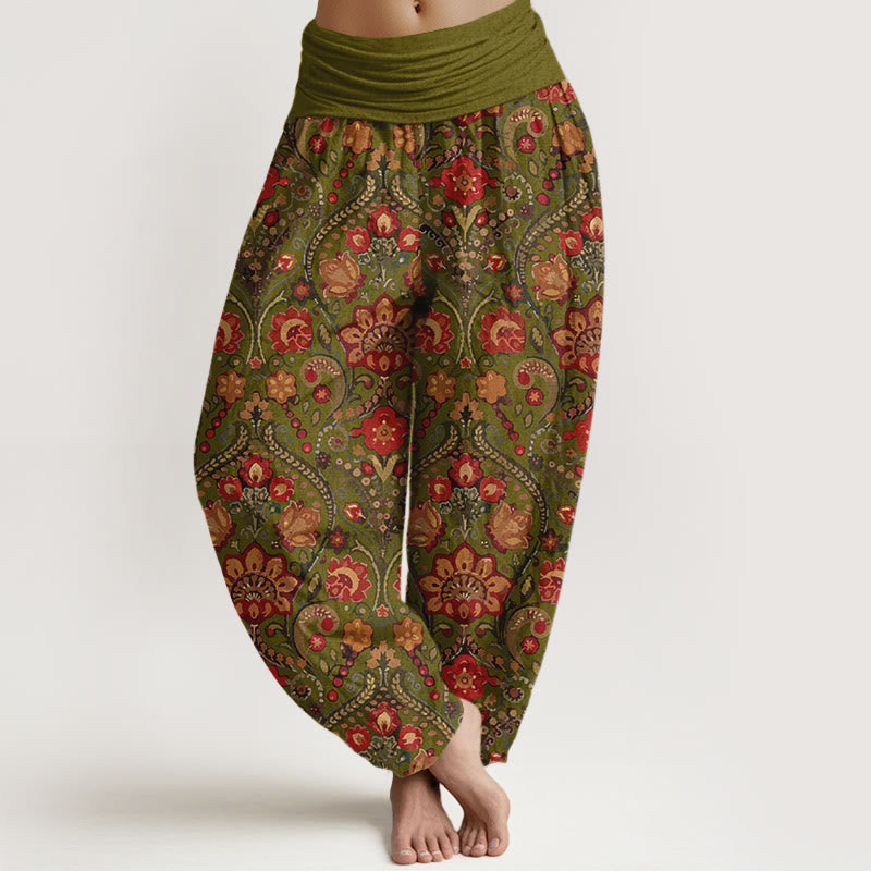 Baumwoll-Haremshose mit Buddha Stones -Motiv, buntem Blumen- und Blättermuster, elastischem Bund für Damen - Gelbgrün - US16, UK/AU20, EU48 (3XL) - image 5