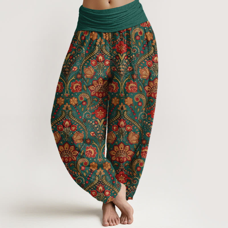 Baumwoll-Haremshose mit Buddha Stones -Motiv, buntem Blumen- und Blättermuster, elastischem Bund für Damen - Türkis - US16, UK/AU20, EU48 (3XL) - image 8