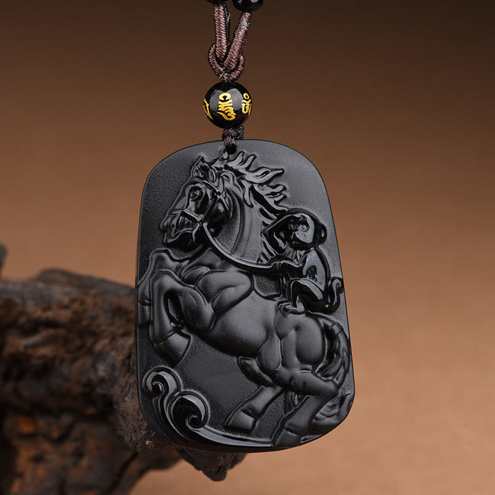 Buddha Stones ​​Jahr des Pferdes Affenmotiv Schwarze Obsidian-Halskette mit Reinigungsanhänger - Pferd, Affe und sechs wahre Worte - image 9