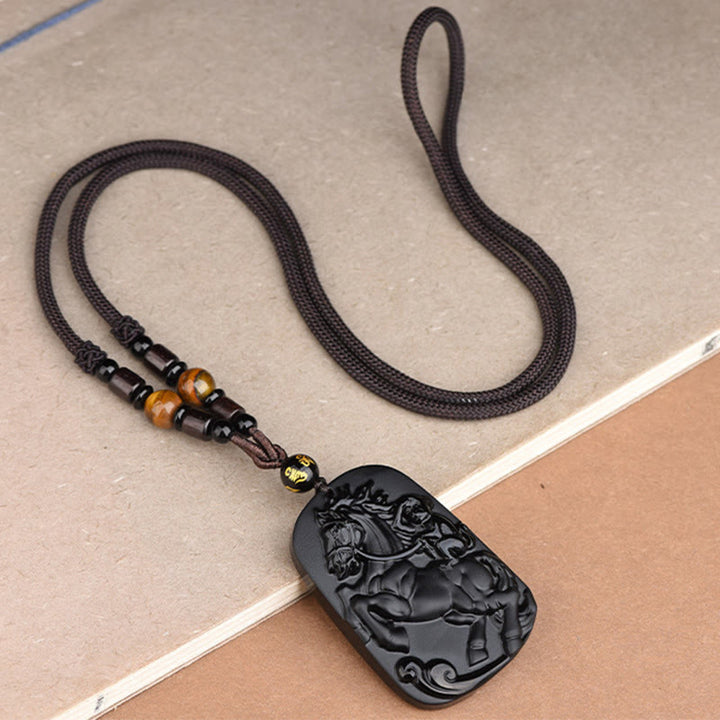 Buddha Stones ​​Jahr des Pferdes Affenmotiv Schwarze Obsidian-Halskette mit Reinigungsanhänger - image 11