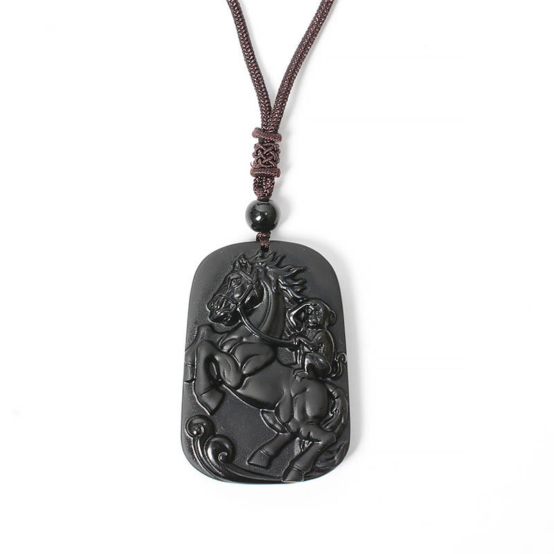 Buddha Stones ​​Jahr des Pferdes Affenmotiv Schwarze Obsidian-Halskette mit Reinigungsanhänger - image 6