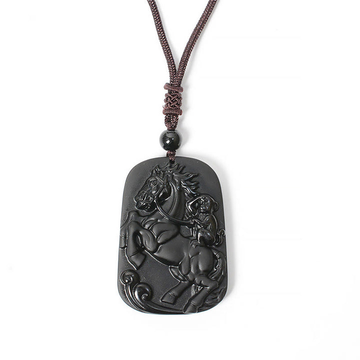 Buddha Stones ​​Jahr des Pferdes Affenmuster Om Mani Padme Hum Schwarze Obsidian-Halskette mit Anhänger - image 16