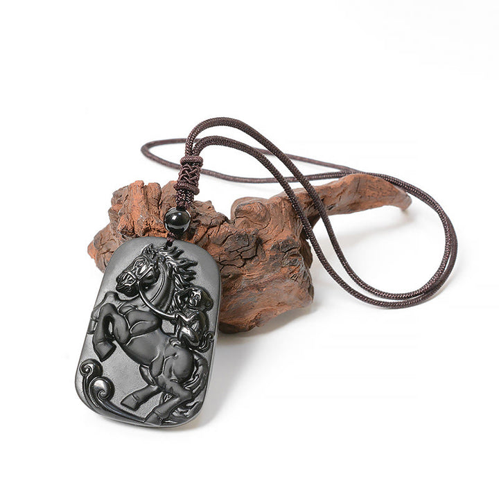 Buddha Stones ​​Jahr des Pferdes Affenmotiv Schwarze Obsidian-Halskette mit Reinigungsanhänger - image 5