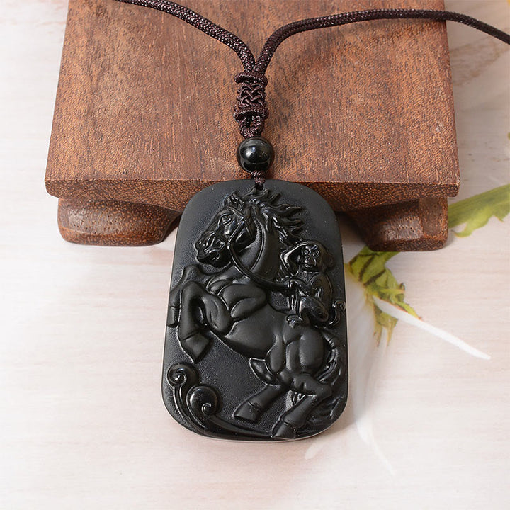 Buddha Stones ​​Jahr des Pferdes Affenmotiv Schwarze Obsidian-Halskette mit Reinigungsanhänger - image 2