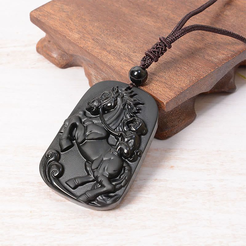Buddha Stones ​​Jahr des Pferdes Affenmuster Om Mani Padme Hum Schwarze Obsidian-Halskette mit Anhänger - image 13
