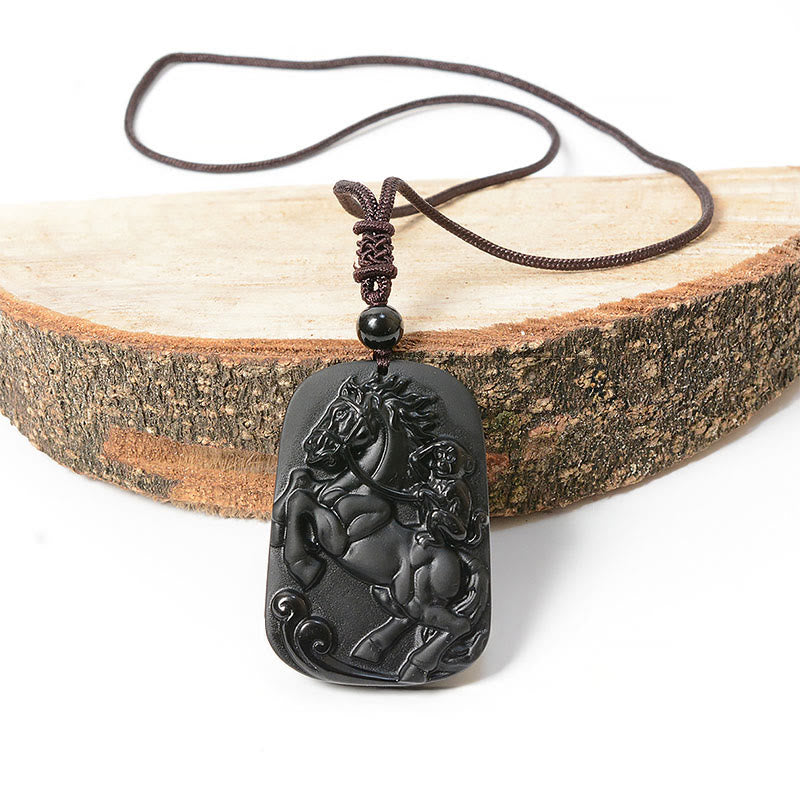Buddha Stones ​​Jahr des Pferdes Affenmuster Om Mani Padme Hum Schwarze Obsidian-Halskette mit Anhänger - image 10
