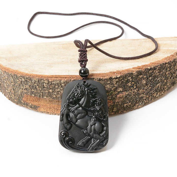 Buddha Stones ​​Jahr des Pferdes Affenmuster Om Mani Padme Hum Schwarze Obsidian-Halskette mit Anhänger - image 10