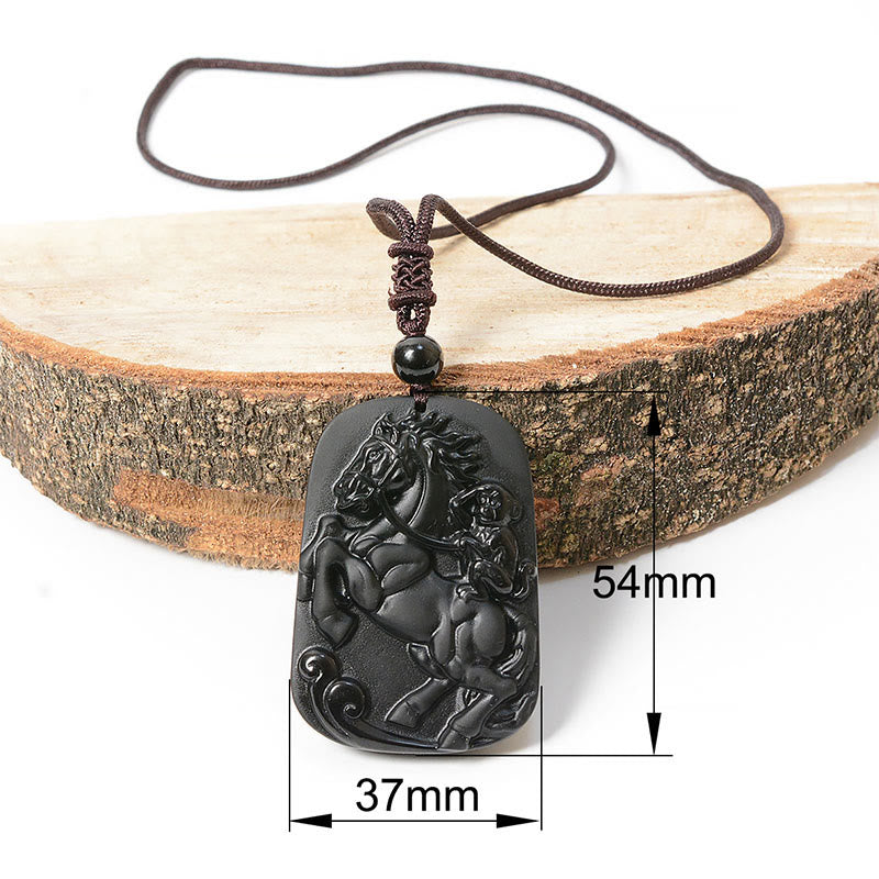 Buddha Stones ​​Jahr des Pferdes Affenmuster Om Mani Padme Hum Schwarze Obsidian-Halskette mit Anhänger - Pferd & Affe - image 11
