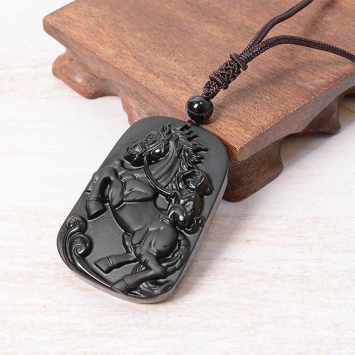 Buddha Stones ​​Jahr des Pferdes Affenmotiv Schwarze Obsidian-Halskette mit Reinigungsanhänger - image 3