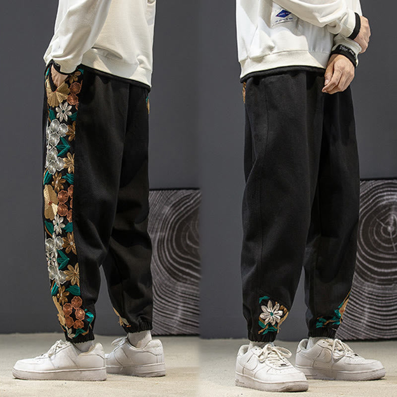 Buddha Stones Frühlings-Herrenhose aus Baumwolle mit besticktem Blumenmuster und Taschen - image 4