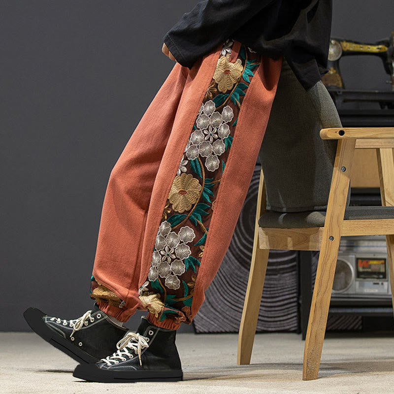 Buddha Stones Frühlings-Herrenhose aus Baumwolle mit besticktem Blumenmuster und Taschen - image 7