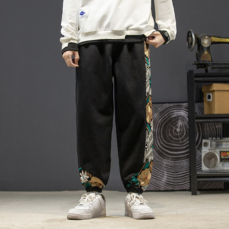 Buddha Stones Frühlings-Herrenhose aus Baumwolle mit besticktem Blumenmuster und Taschen - image 3