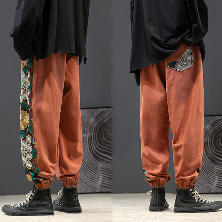 Buddha Stones Frühlings-Herrenhose aus Baumwolle mit besticktem Blumenmuster und Taschen - image 8