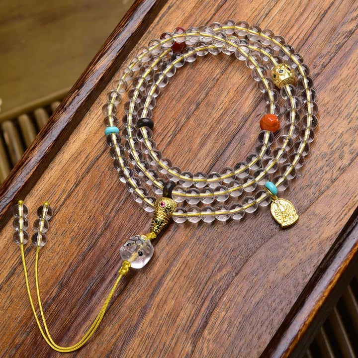 Buddha Stones 108 Perlen Liuli Crystal Dzi Bead Achat Blessings Quaste Mala - Gelber Seil-Kupferanhänger - 6 mm - image 15