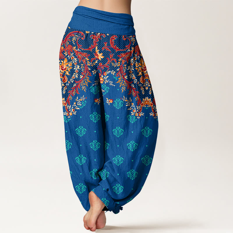 Buddha Stones Baumwoll-Haremshose mit symmetrischem Blattmuster und elastischem Bund für Damen - image 1