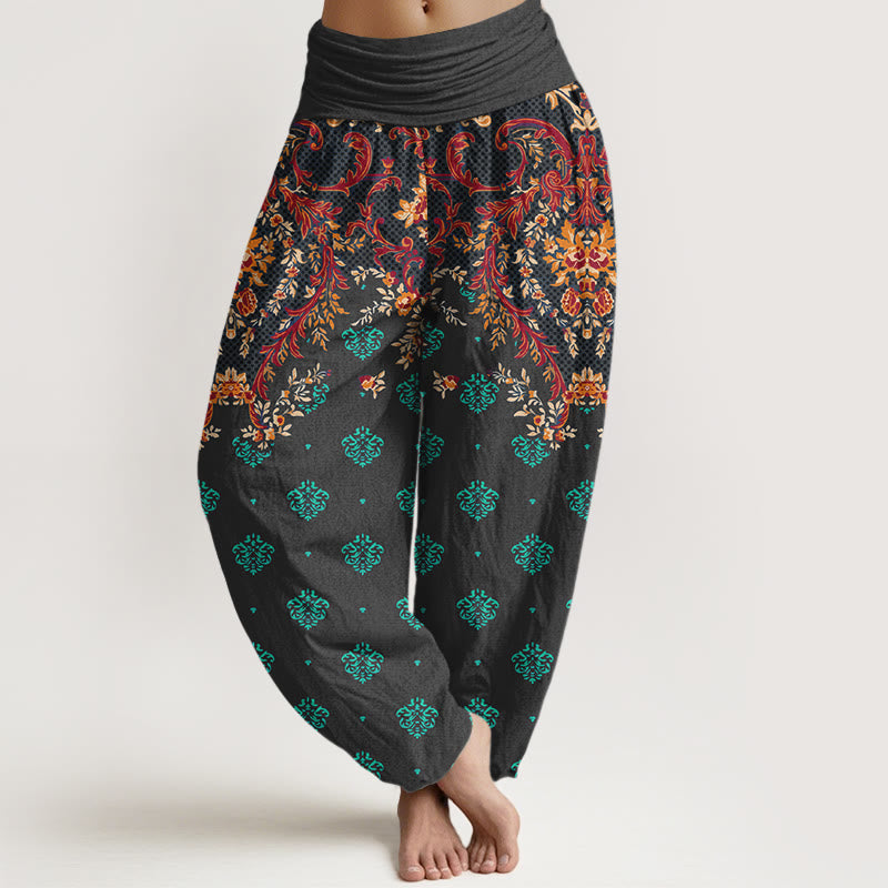 Buddha Stones Baumwoll-Haremshose mit symmetrischem Blattmuster und elastischem Bund für Damen - Schwarz - US16, UK/AU20, EU48 (3XL) - image 5