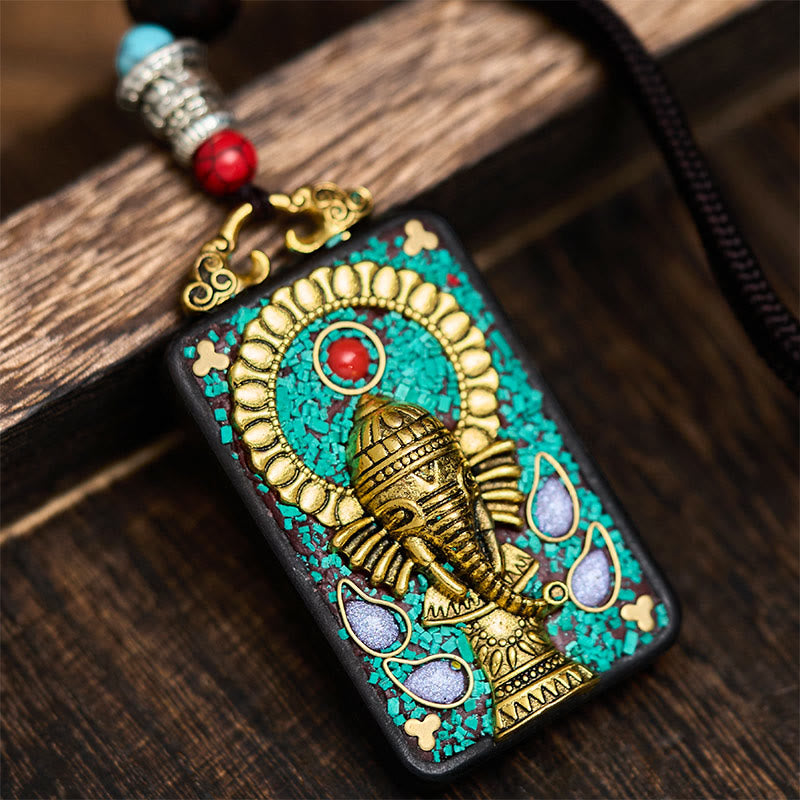 Buddha Stones Tibetischer Ganesh Ganpati Elefanten-Halskette aus Ebenholz, Seil-Friedensanhänger - Ein Stil - image 0