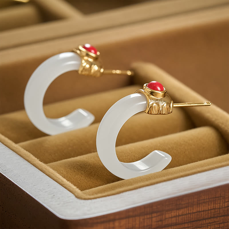 Buddha Stones mit rundem Creolen-Design aus Hetian-Jade, kupferplattiert und goldfarben - Weißer Jade - image 5