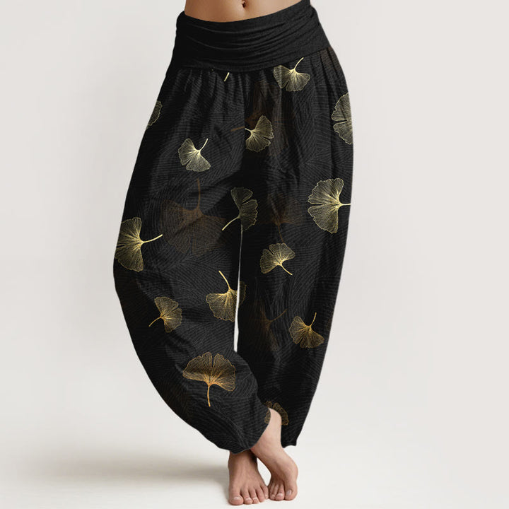 Buddha Stones Baumwolle Elegantes Ginkgo-Muster Damen Haremshose mit elastischem Bund - Schwarz - US16, UK/AU20, EU48 (3XL) - image 0