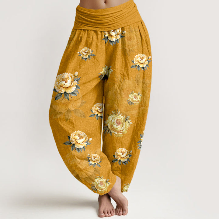 Buddha Stones Baumwoll-Haremshose mit zartem Pfingstrosenmuster und elastischem Bund für Damen - Goldrute - US16, UK/AU20, EU48 (3XL) - image 0