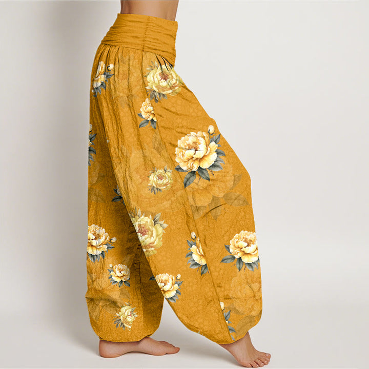 Buddha Stones Baumwoll-Haremshose mit zartem Pfingstrosenmuster und elastischem Bund für Damen - image 2