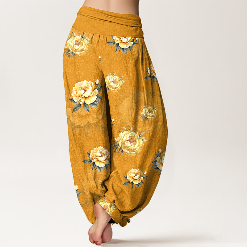 Buddha Stones Baumwoll-Haremshose mit zartem Pfingstrosenmuster und elastischem Bund für Damen - image 1