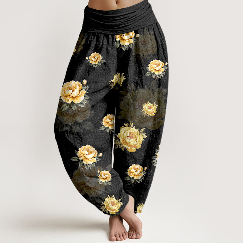Buddha Stones Baumwoll-Haremshose mit zartem Pfingstrosenmuster und elastischem Bund für Damen - Schwarz - US16, UK/AU20, EU48 (3XL) - image 5