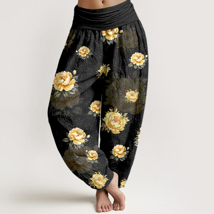 Buddha Stones Baumwoll-Haremshose mit zartem Pfingstrosenmuster und elastischem Bund für Damen - Schwarz - US16, UK/AU20, EU48 (3XL) - image 5