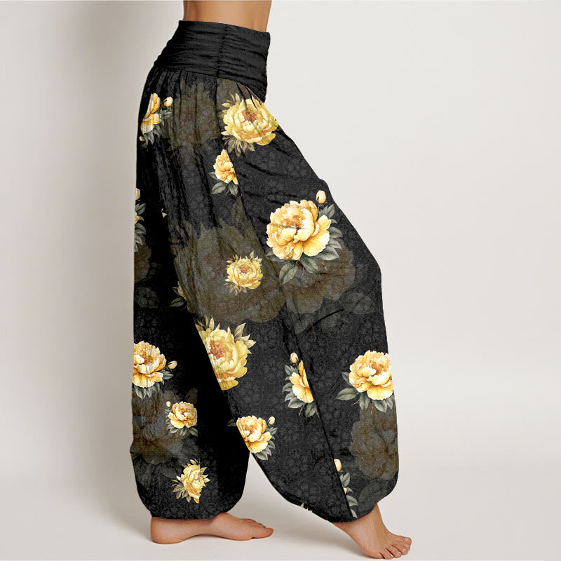 Buddha Stones Baumwoll-Haremshose mit zartem Pfingstrosenmuster und elastischem Bund für Damen - image 7