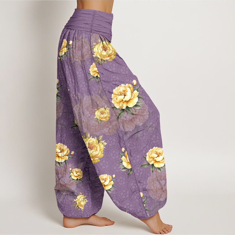 Buddha Stones Baumwoll-Haremshose mit zartem Pfingstrosenmuster und elastischem Bund für Damen - image 10