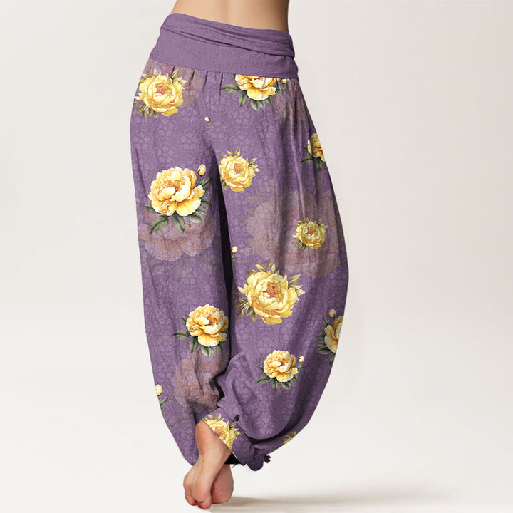 Buddha Stones Baumwoll-Haremshose mit zartem Pfingstrosenmuster und elastischem Bund für Damen - image 9
