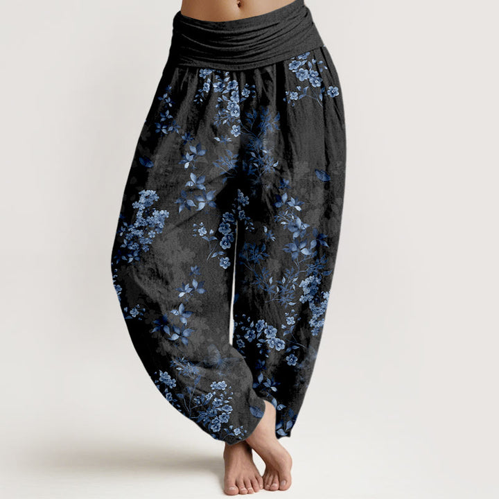 Buddha Stones Baumwoll-Haremshose mit verträumtem Blumen- und Blattmuster, elastischem Bund für Damen - Schwarz - US16, UK/AU20, EU48 (3XL) - image 0