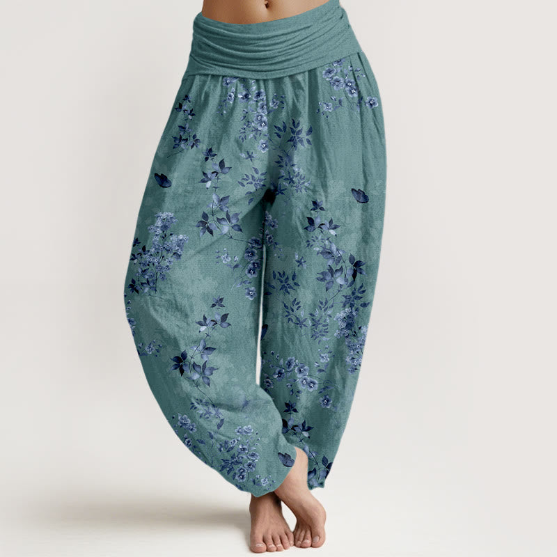 Buddha Stones Baumwoll-Haremshose mit verträumtem Blumen- und Blattmuster, elastischem Bund für Damen - Kadettenblau - US16, UK/AU20, EU48 (3XL) - image 5